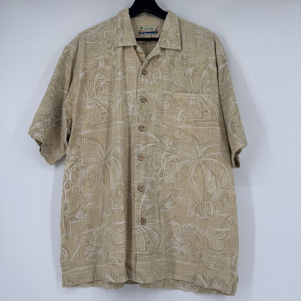 Kahala Hawaiian Islands Mens Large Tan 100% Silk Short Sleeve Aloha Shirt Palm